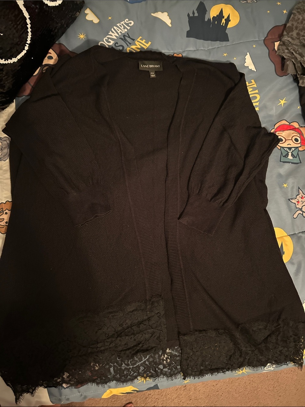 Lane Bryant Black Open-Front Cardigan with Lace Trim
